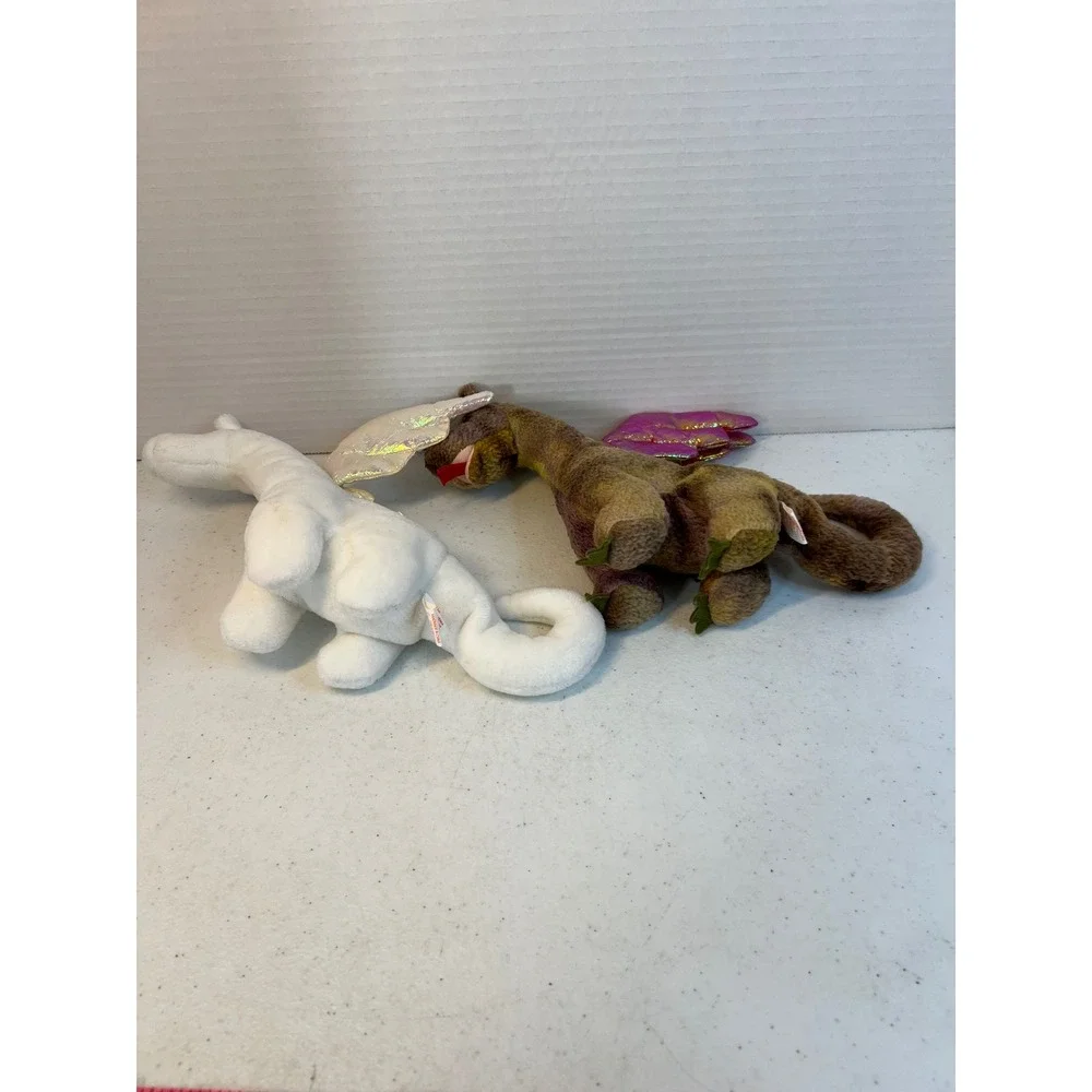 Ty Beanie Babies Magic and Scorch Dragon Plush Set White Brown Iridescent Wings